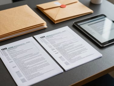 Close-up of organized physical tax documents—1099 forms, W-2 envelopes, labeled folders—arranged on a clean dark desk surface with a tablet showing a secure document portal interface beside them, studio lighting