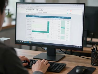 Monitor displaying a business tax filing dashboard with quarterly estimate charts, hands at keyboard, cool office lighting