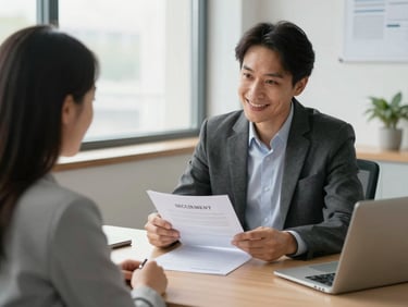 Licensed professional reviewing a settlement document at a desk with a client, medium shot, clean window light, no staged cheerfulness