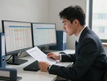 Medium shot of a licensed accountant at a desk reviewing financial statements on a monitor, professional workspace with physical binders and a second screen showing spreadsheet data, window light from the right, no eye contact with camera