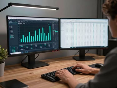 Wide shot of a home office desk setup showing two monitors—left screen displaying a cash-flow dashboard with bar charts and teal data highlights, right screen showing a live ledger—hands resting on keyboard, organized desk surface, cool overhead studio lighting, no person visible from shoulders up