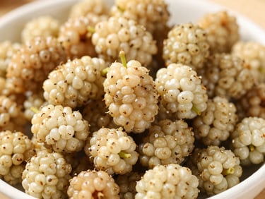 Close-up of dried white mulberries in a clean ceramic bowl, bright daylight, highlighting delicate texture