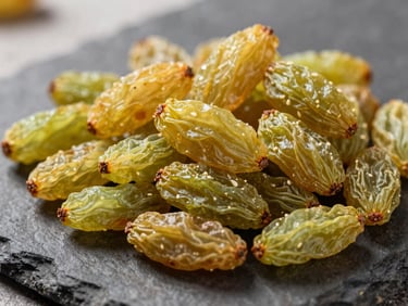 Macro photography of green and golden raisins on a dark stone surface, crisp studio lighting, rich textures.