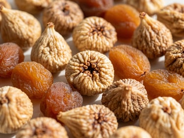 Macro shot of dried figs and apricots arranged neatly under bright natural sunlight, warm earth tones.