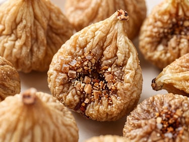 Extreme close-up macro of dried organic figs, showing rich wrinkled texture and natural sugar crystallization, bright studio lighting