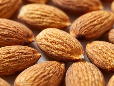 Extreme close-up of shelled almonds and wild pine nuts, crisp studio lighting, high contrast, rich textures.