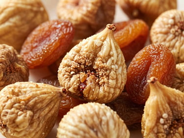 Close-up of dried organic figs and sun-dried apricots, warm golden lighting, rich textures, editorial food style.