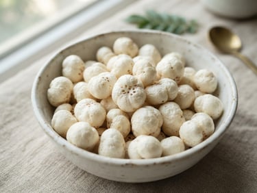 Elegant macro food photography of large, pristine white makhana seeds in a minimalist ceramic bowl, soft natural daylight, shallow depth of field