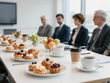 Stylish coffee break setup with fresh pastries, fruits, and hot beverages, suitable for business meetings and training sessions, clean corporate photography, bright natural daylight.