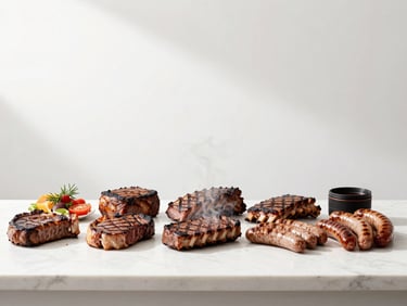 Wide shot of various premium grilled meats (steaks, ribs, sausages) arranged beautifully on a large platter, smoke gently rising, elegant setting, bright natural daylight, soft shadows.