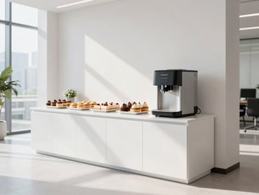 Modern coffee break station in a bright corporate office lobby, fresh pastries, premium coffee dispenser, clean minimalist setup