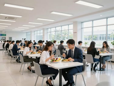 Interior of a modern, well-lit industrial cafeteria with employees enjoying a fresh, balanced meal, clean corporate photography, bright natural daylight.