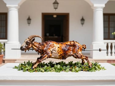Traditional roasted cabrito (young goat) on a spit, golden-brown and succulent, surrounded by fresh herbs, in an elegant, rustic-chic outdoor event setting, bright natural daylight, soft shadows.