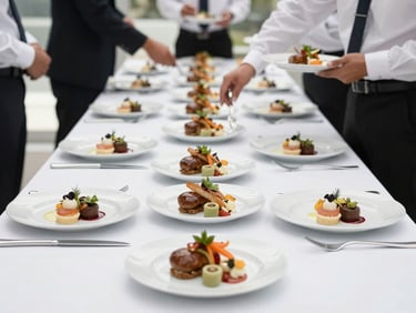 Elegantly set table for a corporate event, with gourmet dishes and professional catering staff in the background, clean corporate photography, bright natural daylight.