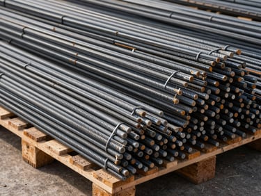 Bundles of structural steel mesh and concrete reinforcement bars stacked on wooden pallets in an industrial yard.