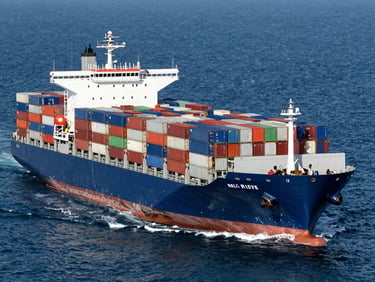 A large cargo ship loaded with containers leaving a European port, deep blue water, wake visible behind.