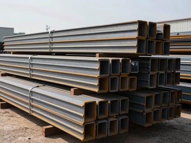 Bundles of structural steel and building materials stacked in an industrial yard under bright daylight