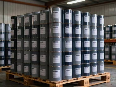 Stacked pallets of industrial paint cans inside a clean warehouse, batch labels visible, high contrast lighting.