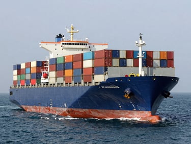 A large cargo ship loaded with multi-colored containers leaving a European port heading towards open sea