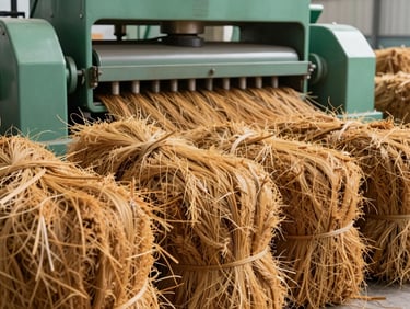 Neatly baled natural golden coconut fiber, hydraulic press machinery visible in the background, bright industrial daylight, desaturated green tones, sharp focus, 35mm