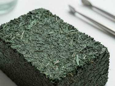 Macro texture of compressed coco peat block showing organic fibers, clean laboratory setting with steel instruments in soft focus background, bright natural daylight, 35mm