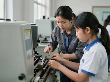 A female instructor guiding a student on a metal lathe machine, industrial school setting, natural light