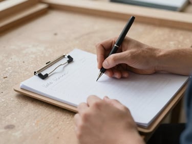 Close-up of hands taking notes on a clipboard in a woodworking workshop, natural light
