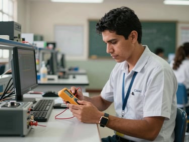 Dignified medium shot of a Colombian technical instructor in a high-school electronics lab, holding a multimeter, natural daylight, editorial style, 35mm lens