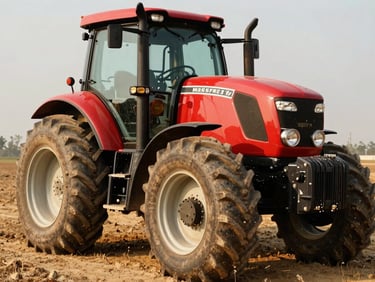 Close-up of a powerful red Massey Ferguson tractor engine and heavy tread tires on dry soil, bright daylight.