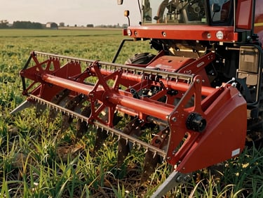 A steel JF forage harvester operating in a lush green field, detailed close-up of the metal blades and cutting mechanism.