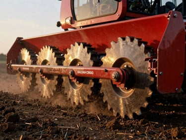 Heavy steel discs of a Baldan CRSG harrow slicing through dark earth, dust kicking up, golden hour light.