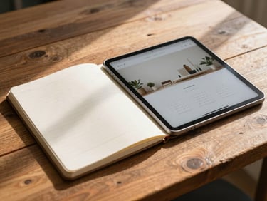 An open notebook on a rustic wooden desk next to a physical tablet displaying a clean minimalist website layout, soft morning sunlight.