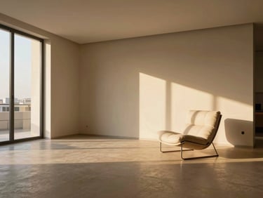 Wide-angle architectural shot of a minimalist Riyadh living room, golden-hour sunlight casting sharp shadows, with a subtle digital AR mesh overlay rendering a modern lounge chair.