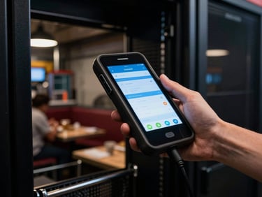 Low-angle environmental shot of a server's hand holding a rugged Android POS device mid-service in a bustling, dimly lit restaurant, screen showing a clear ordering interface, cool screen glow, vibrant restaurant background, rich dark tones.