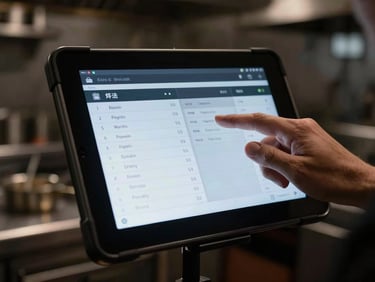 Close-up macro shot of a rugged Android tablet mounted in a busy, dimly lit professional kitchen, displaying a clean, high-contrast kitchen display system interface with active orders, cool screen glow, chef's hand partially visible interacting with screen, rich dark tones.