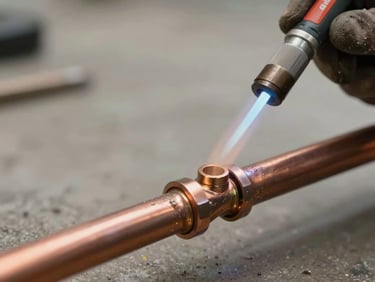Close-up of a professional plumber soldering clean copper pipe joints with a bright, focused torch flame, sharp details, natural daylight