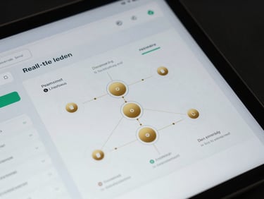 Macro close-up of a high-fidelity fintech UI schematic displaying real-time ledger transactions and architectural nodes, cool studio lighting with sharp gold highlights, dark background.