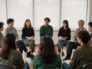 An active research roundtable discussion with diverse participants, soft daylight through windows, natural expressions, documentary editorial photography