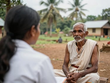 Over-the-shoulder perspective of a researcher conducting a field interview with community elders in a rural Kerala village, soft natural daylight, documentary style