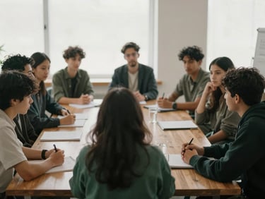 A documentary photograph of a research roundtable discussion with diverse young community leaders around a wooden table, soft window light, muted tones