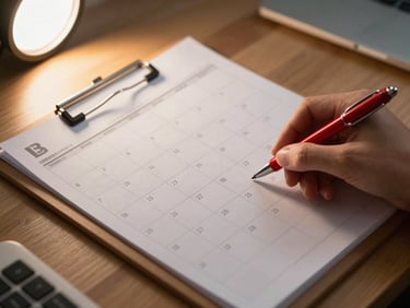 Close-up overhead of a content planning board with printed calendar sheets, a red pen marking weekly posts, warm soft studio light on a wooden desk