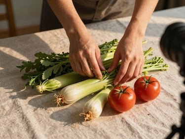 Hands arranging seasonal vegetables on a linen cloth for a flat-lay food shoot, golden-hour side light casting long soft shadows, camera just visible at the edge of frame