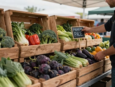 Wide shot of a farmers market stall at early morning, wooden crates of produce arranged with care, soft overcast light, one pair of hands adjusting a display sign