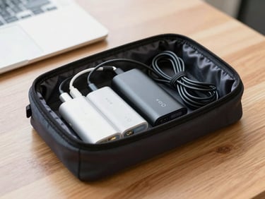 Open tech organizer pouch showing neatly arranged cables and power banks on a wooden desk, crisp natural light, 35mm lens