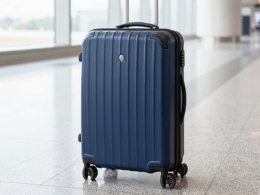 Sleek navy blue hardshell spinner suitcase standing on a polished terminal floor, bright natural daylight, 35mm lens