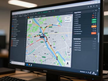 Close-up of a logistics dashboard screen showing live shipment statuses and route maps, overhead office lighting, a keyboard partially visible at the bottom