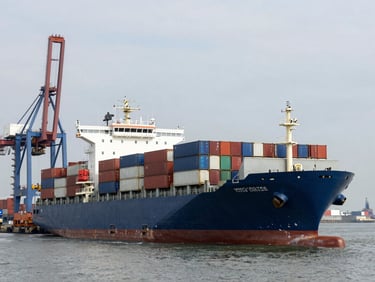 Wide shot of a cargo vessel at a commercial port, containers stacked on deck under flat grey daylight, port cranes visible left, expansive water to the right