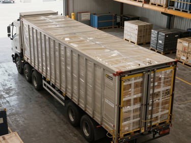 Close overhead shot of a freight truck being loaded at a logistics depot, cargo secured on pallets under warehouse overhead lighting, no people in frame