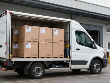 Side view of a delivery van unloading cargo boxes at a commercial loading dock, cargo labels visible, practical daylight, industrial surroundings