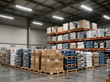 Interior of a large climate-controlled warehouse, organised pallet rows under overhead fluorescent lighting, temperature gauges visible on a wall panel, no workers posing